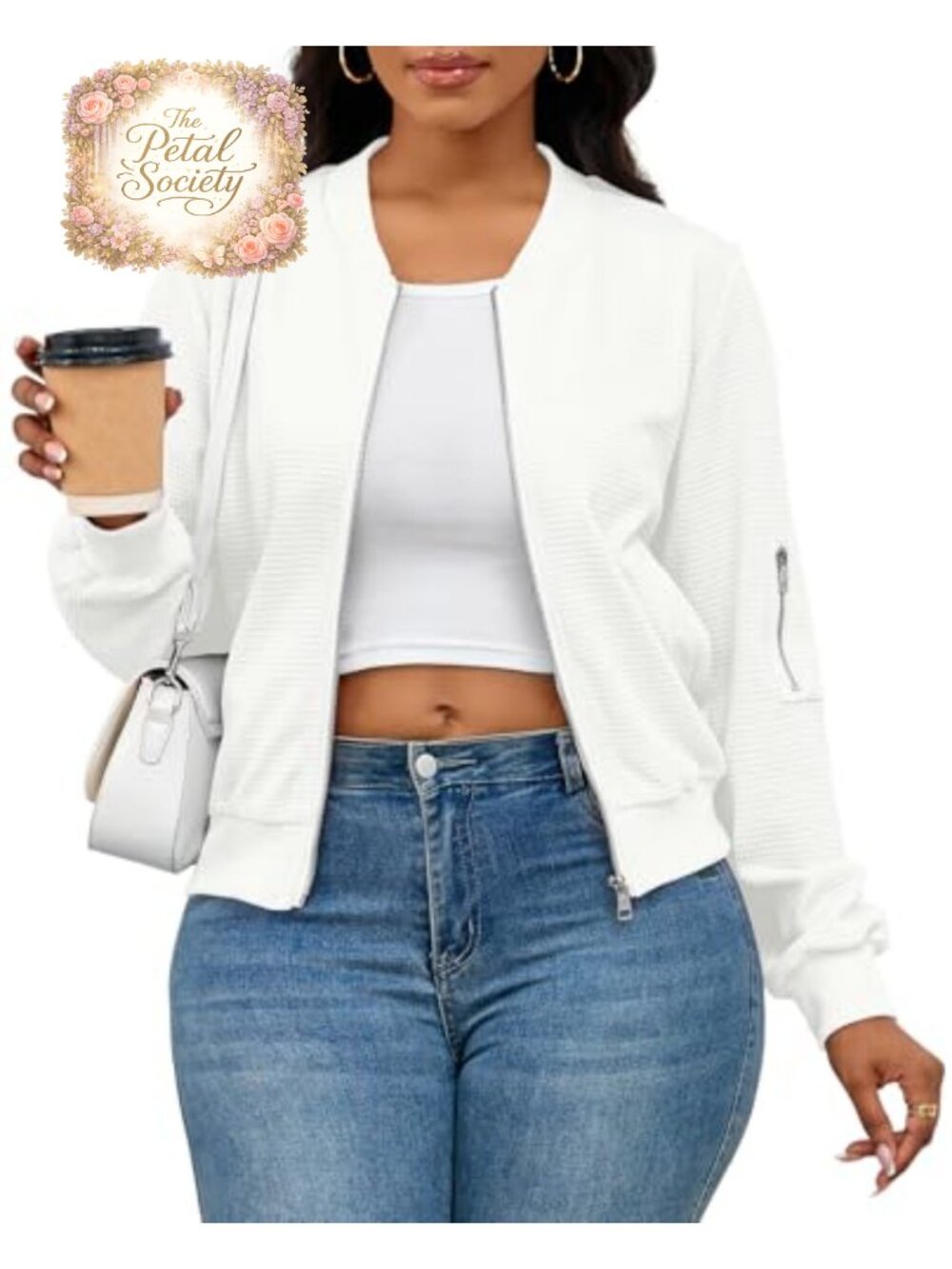 Waffle Knit Zip Up Bomber Jacket with Pockets Oversized Casual